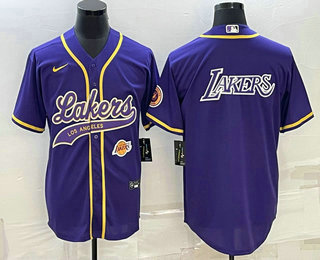Mens Los Angeles Lakers Purple Big Logo With Patch Cool Base Stitched Baseball Jersey